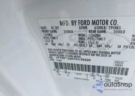 2007 Ford F-150 Stx/Xl/Xlt z USA, uszkodzony, nr VIN 1FTRF12207KC39220